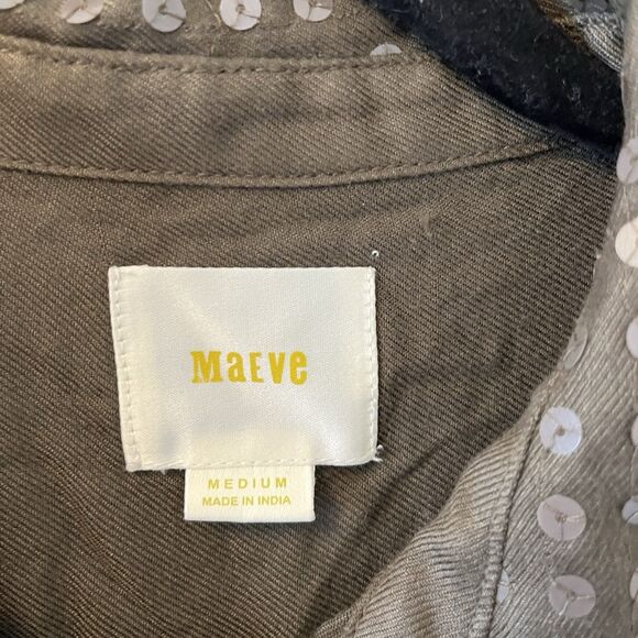 Maeve Anthropologie Blouse Size Med Sequined Olive Green Buttoned Shirt Chic - Picture 2 of 14